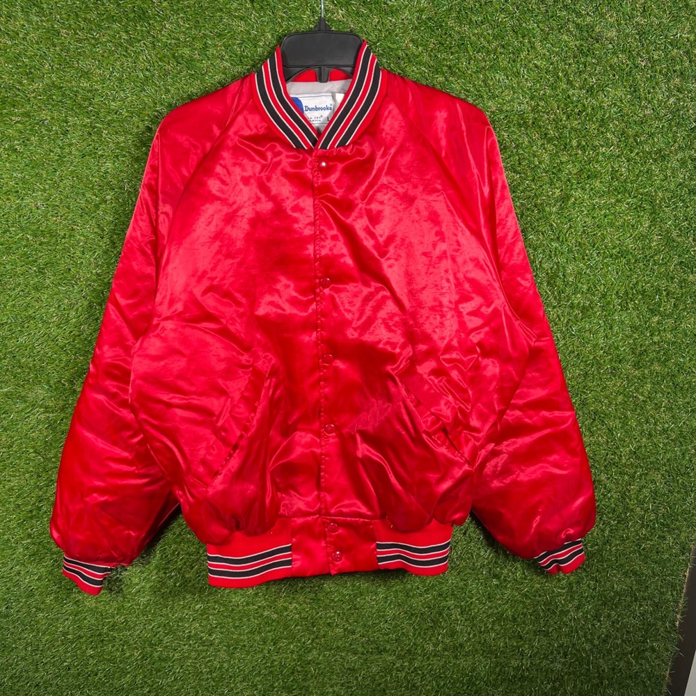 Vintage Dunbrooke Pla-Jac Red Satin Varsity Jacket Waggoners Trucking Mens Large